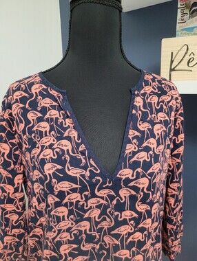 039 - J. Crew 100% Cotton Navy Tunic with Pink Flamingo Motif XS